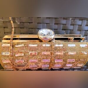 👑Antique Gold-tone metal clutch w/rhinestone & mirror inlay, Signed Chinese Art